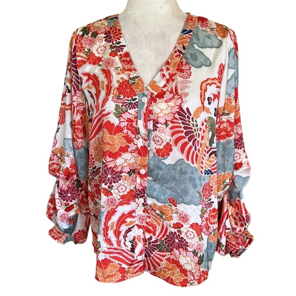 Anthropologie RD Koko Satin Chinoiserie Floral Bird Ruched Sleeve Blouse - M - Picture 1 of 12